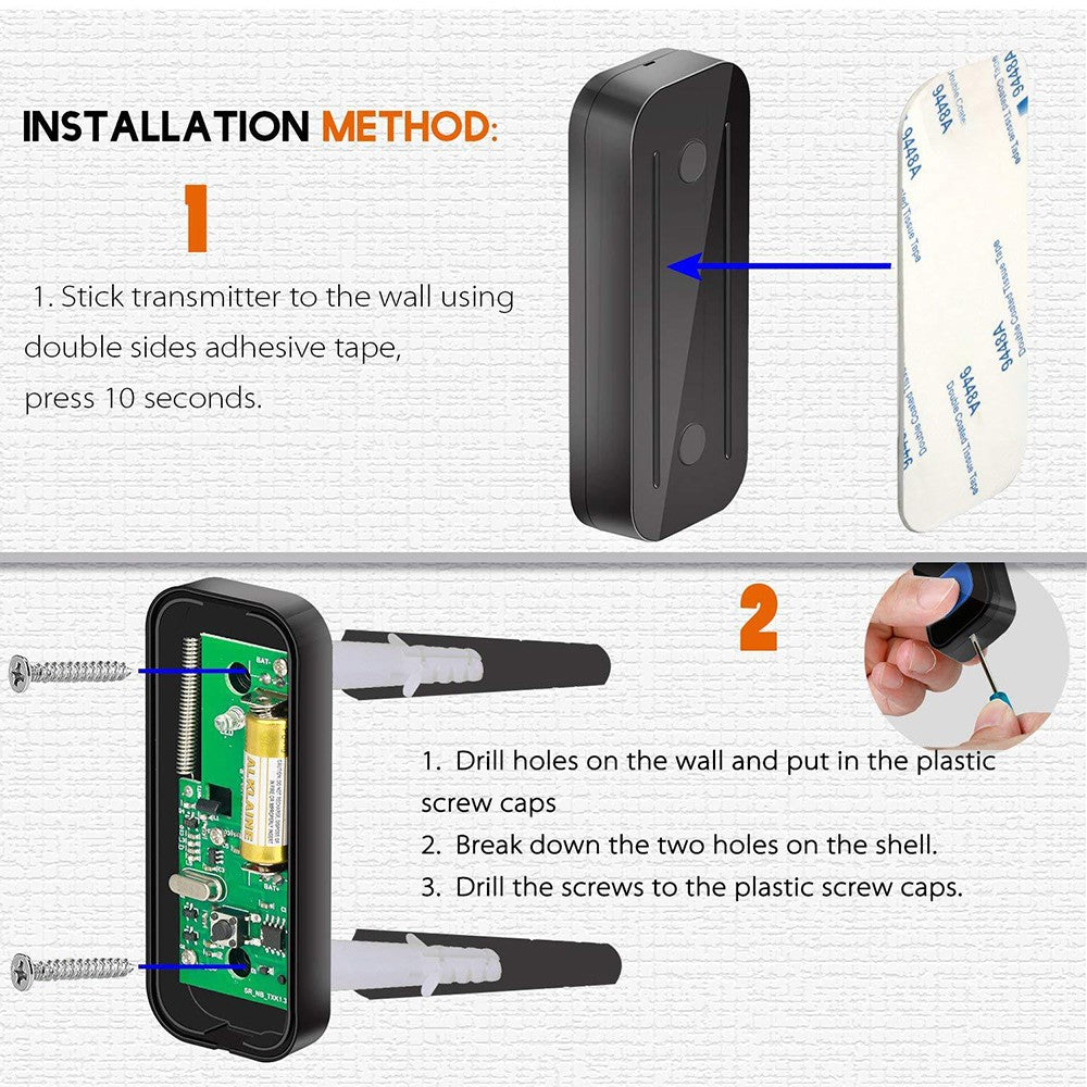N20K-1T2 Waterproof 55 Ringtones Wireless Home Door Bell with LED Light, 1 Transmitter+2 Receiver