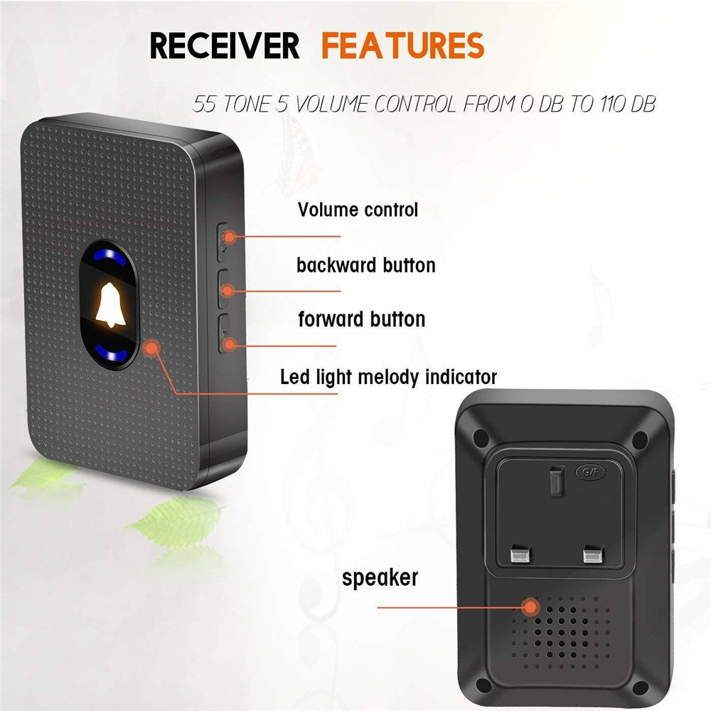 N20K-1T2 Waterproof 55 Ringtones Wireless Home Door Bell with LED Light, 1 Transmitter+2 Receiver
