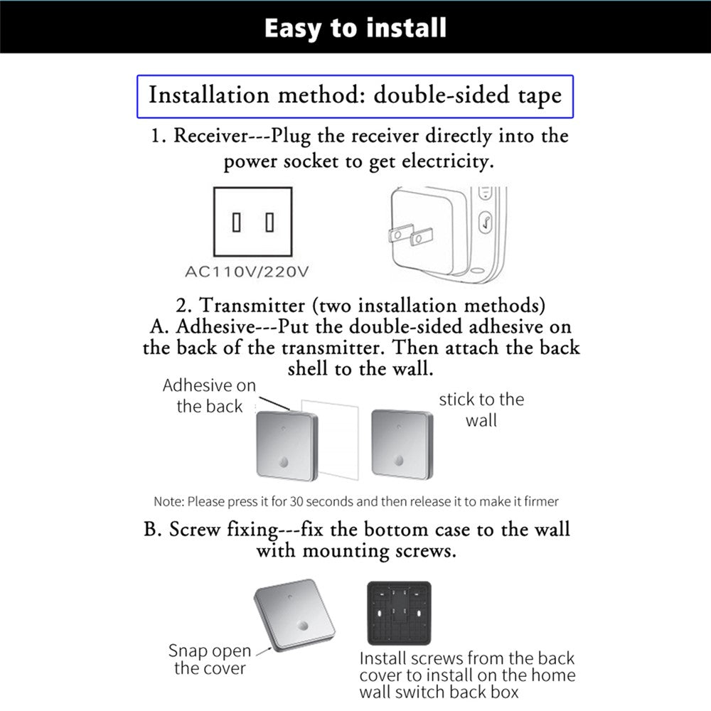 CACAZI FA50 Self-Powered Smart Wireless Doorbell Set 2 Transmitter  /  Receiver Doorbell for Home (86 Large Button)