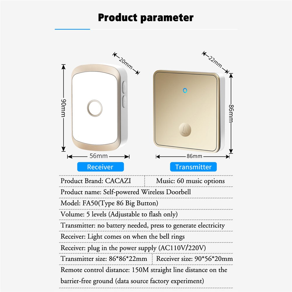 CACAZI FA50 Self-Powered Smart Wireless Doorbell Set 2 Transmitter  /  Receiver Doorbell for Home (86 Large Button)