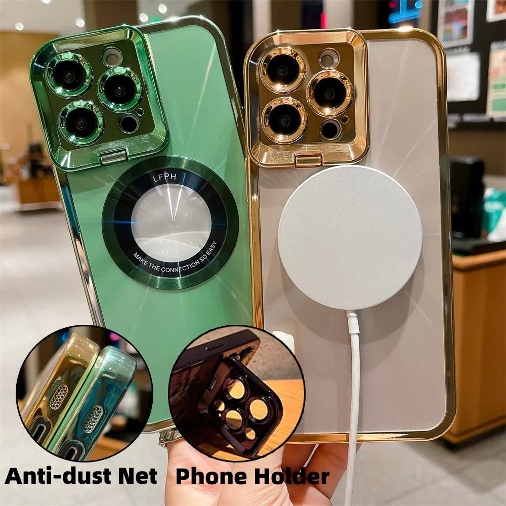 Electroplated Phone Case Luxury Plating CD Pattern Magsafe Bracket Case For 12 13 14 Pro Max Invisible Camera Stand Holder Lens Holder Magnetic Suction - Show Gadgets
