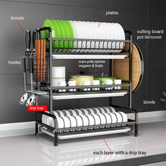 3 Tier Dish Drainer Rack With Drip Tray Cutlery Holder Plate Rack Kitchen Sink - Show Gadgets