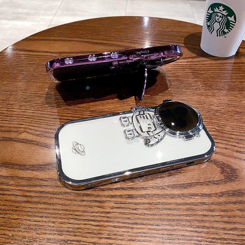 Glitter Astronaut Camera Stand Phone Case For I14 13 12 11 Pro Max XR 14 Plus Invisible Lens Bracket Plating Soft Cover - Show Gadgets