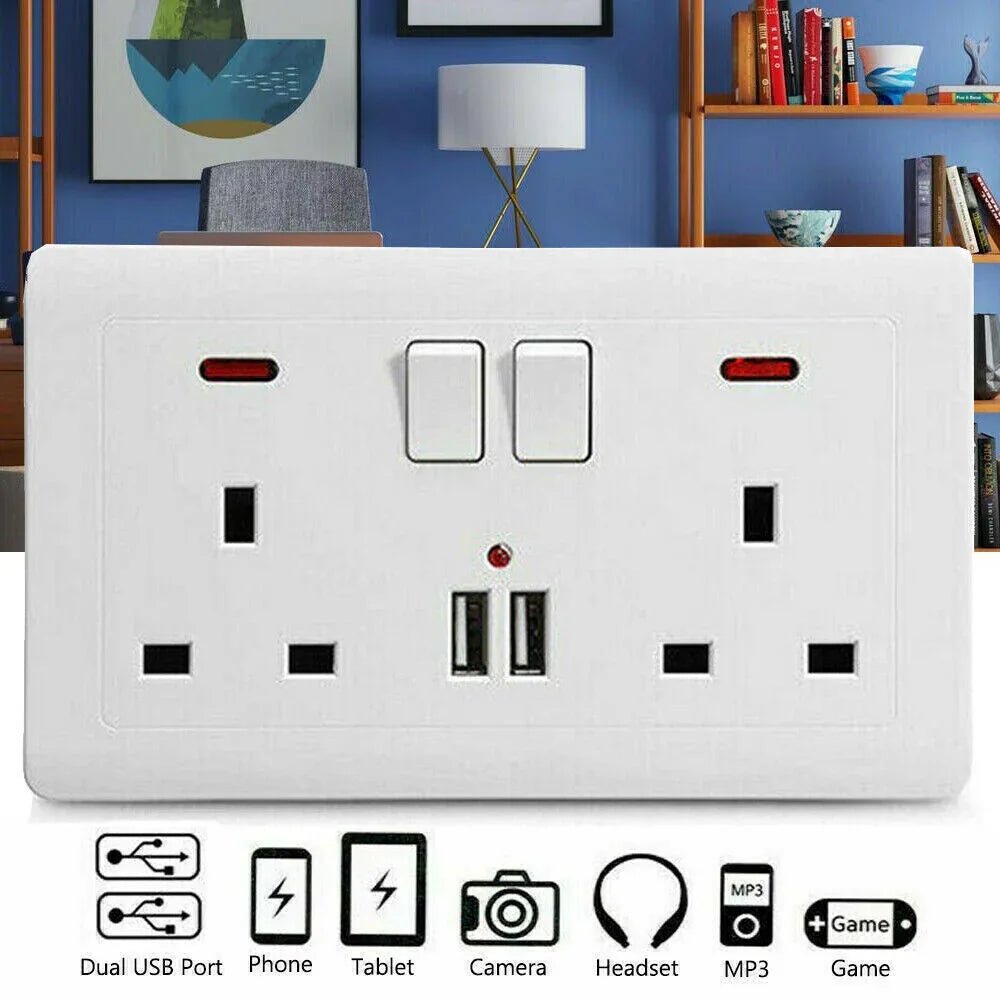 Double Wall Plug Socket 2 Gang 13A W 2 Charger USB Outlets Flat UK - Show Gadgets