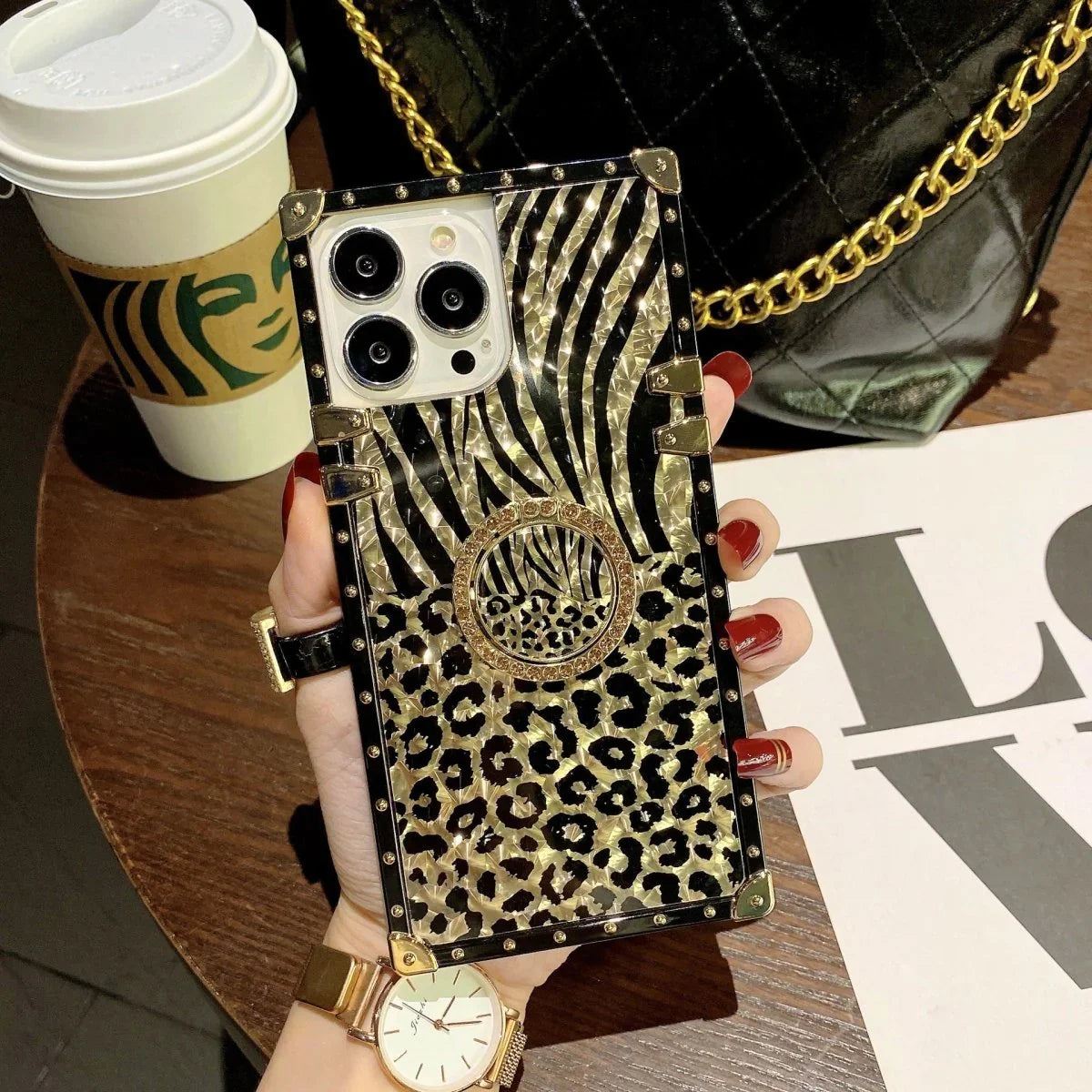 Square Fashion Leopard Print Classic Feather Phone Case - Show Gadgets