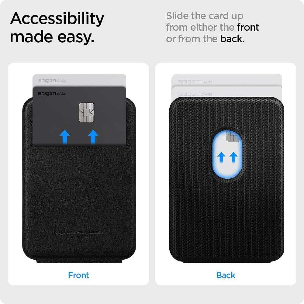 Magnetic card holder attached to black iPhone with sleek mobile phone accessory design
