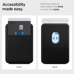 Magnetic card holder attached to black iPhone with sleek mobile phone accessory design