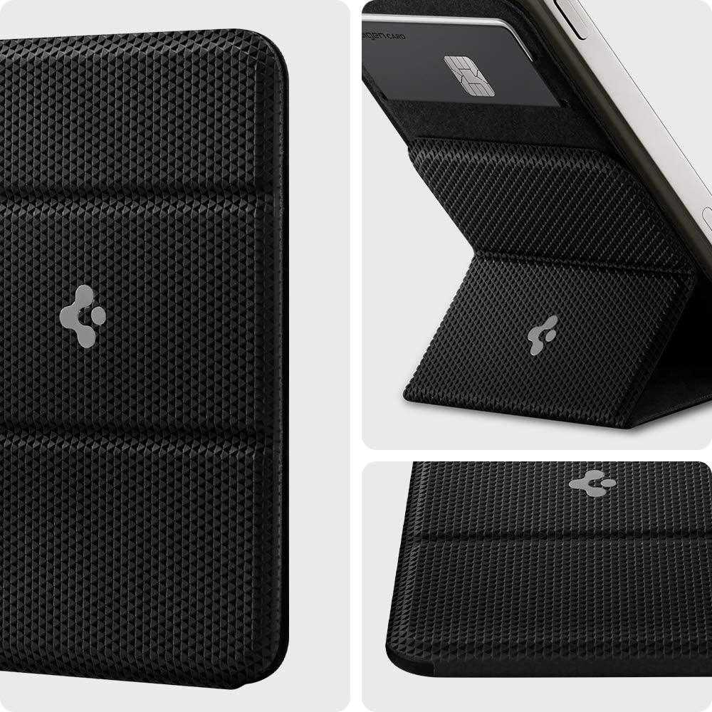 Black magnetic card holder attached to an iPhone for convenient card storage and mobile phone support