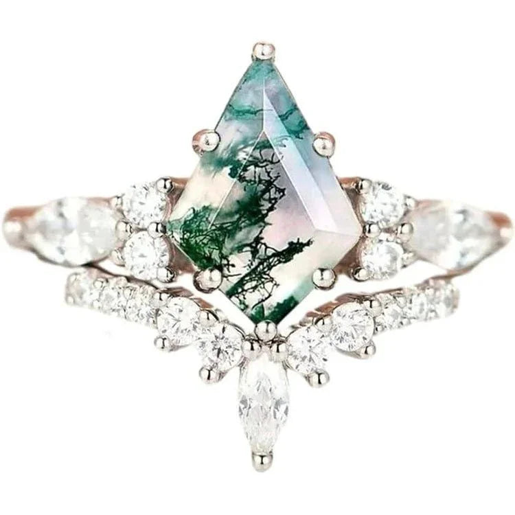 2pcs Fashion Rings Natural Green Moss Stone Agate Ring For Women Personalized Jewelry - Show Gadgets