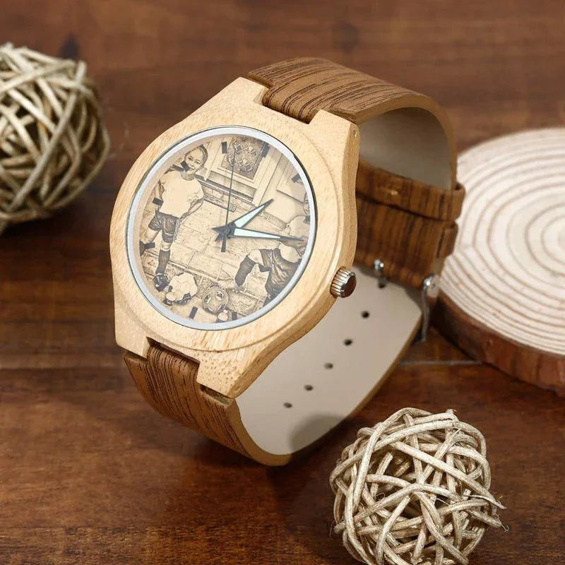 Women's Engraved Bamboo Photo Watch Wooden Leather Strap 40mm - Show Gadgets