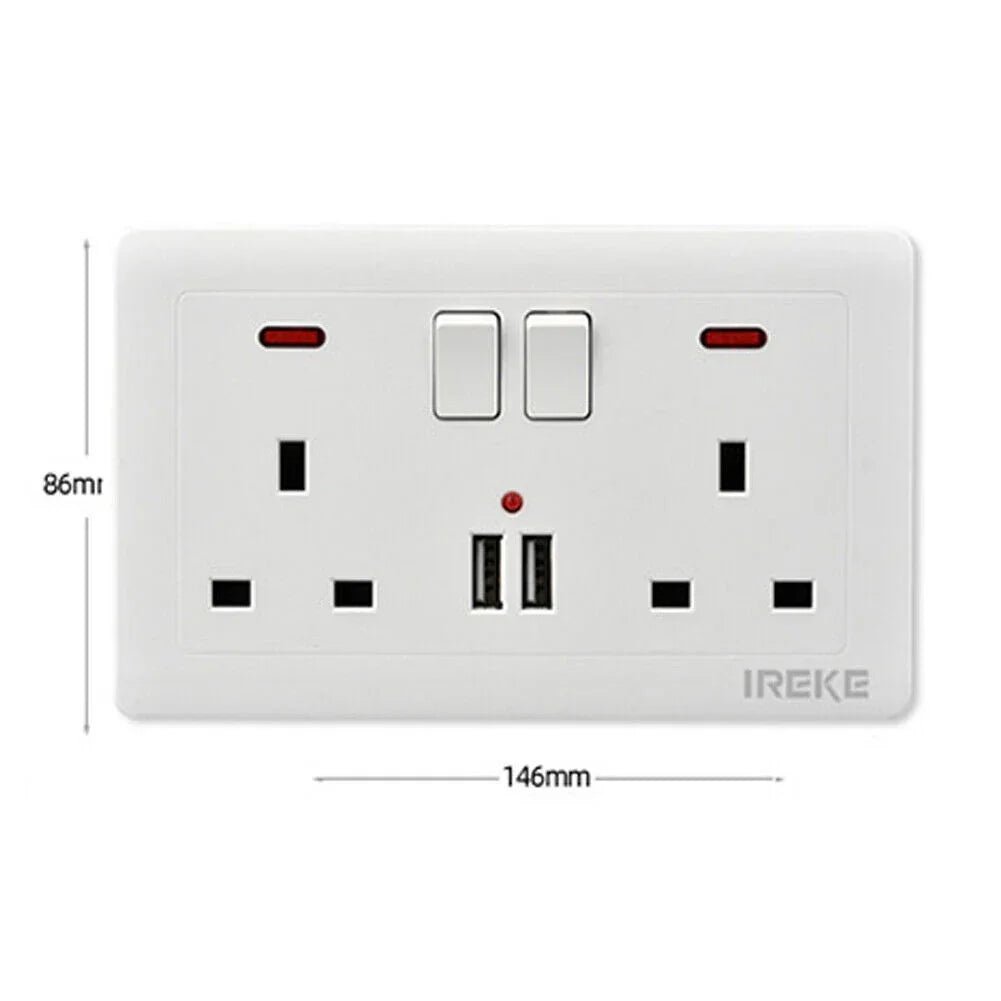 Double Wall Plug Socket 2 Gang 13A W 2 Charger USB Outlets Flat UK - Show Gadgets