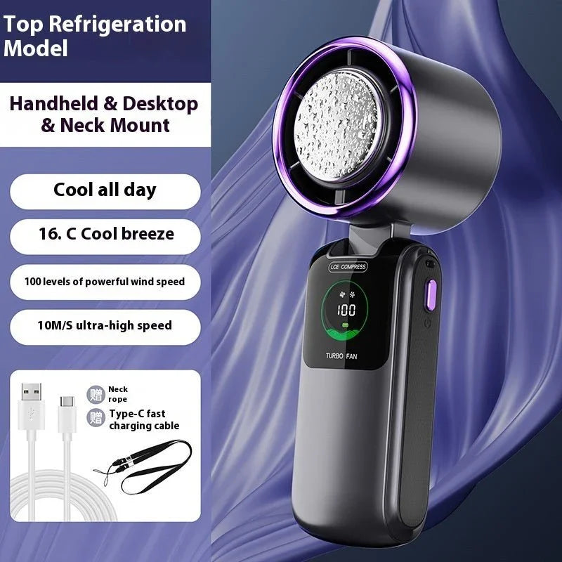 New Ice Pack High - Speed Handheld Eletirc Fan Speed Adjustable Folding Mini Fan Portable Outdoor Hanging Neck Small Fan - Show Gadgets