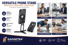 GADGETRA Magnetic Phone Stand, MagSafe Compatible Adjustable Phone Holder – Foldable Desk Stand, Selfie Stick & Floor Stand – Strong Magnetic Grip for iPhone & Smartphones (4”–7”)