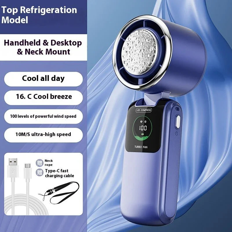 New Ice Pack High - Speed Handheld Eletirc Fan Speed Adjustable Folding Mini Fan Portable Outdoor Hanging Neck Small Fan - Show Gadgets