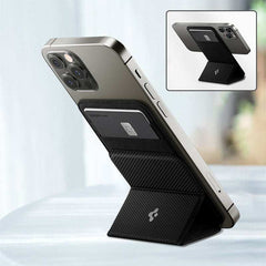 Magnetic card holder attached to black iPhone with phone stand feature