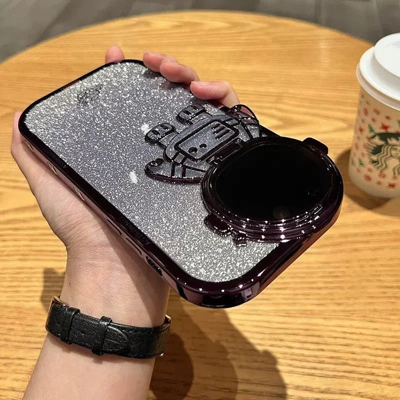 Glitter Astronaut Camera Stand Phone Case For I14 13 12 11 Pro Max XR 14 Plus Invisible Lens Bracket Plating Soft Cover - Show Gadgets