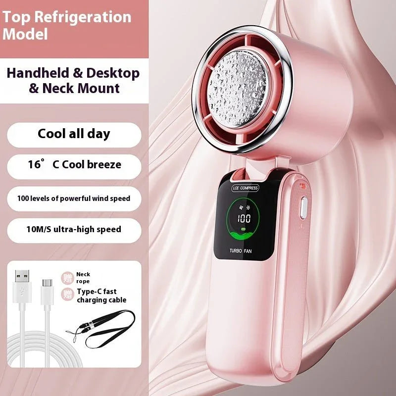 New Ice Pack High - Speed Handheld Eletirc Fan Speed Adjustable Folding Mini Fan Portable Outdoor Hanging Neck Small Fan - Show Gadgets