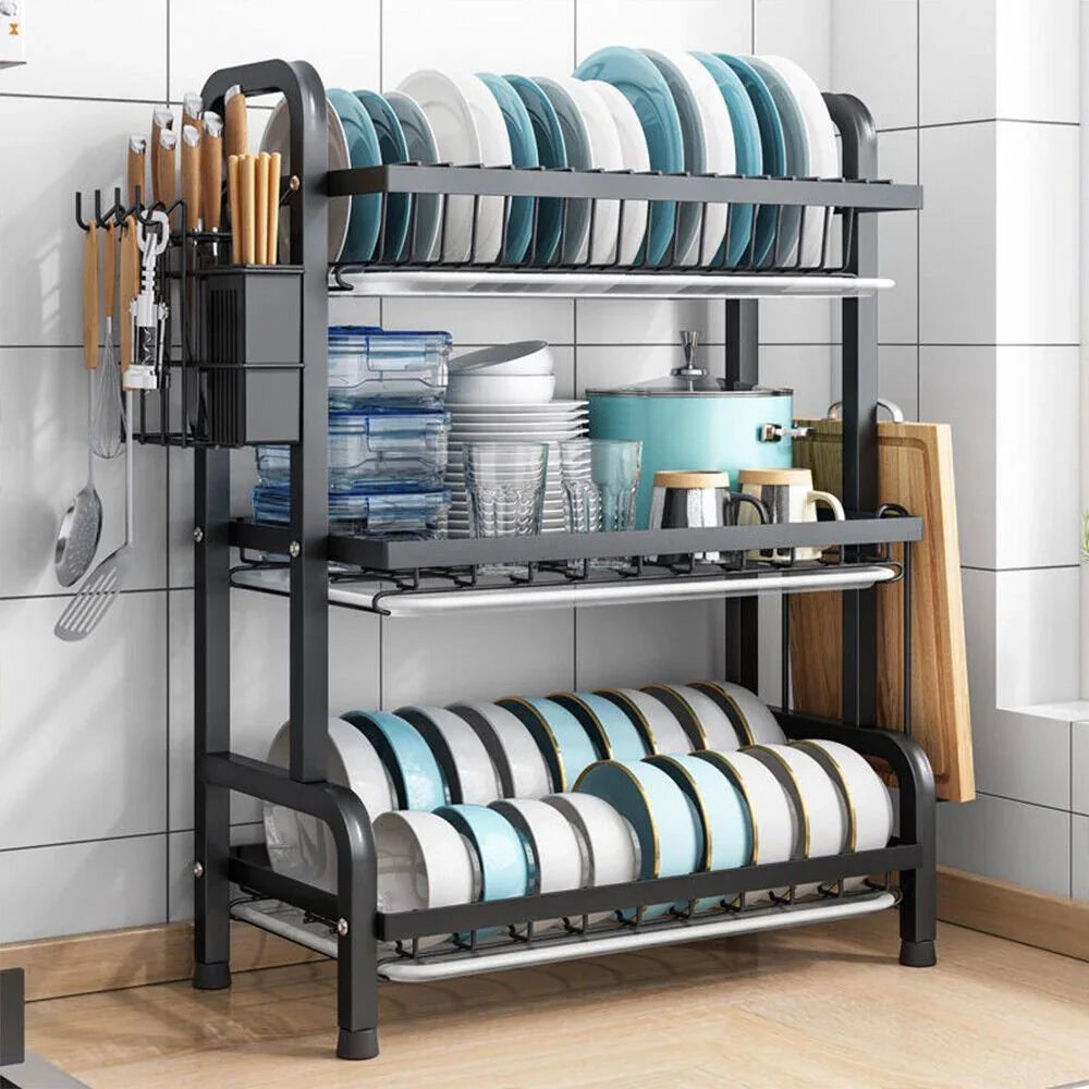 3 Tier Dish Drainer Rack With Drip Tray Cutlery Holder Plate Rack Kitchen Sink - Show Gadgets