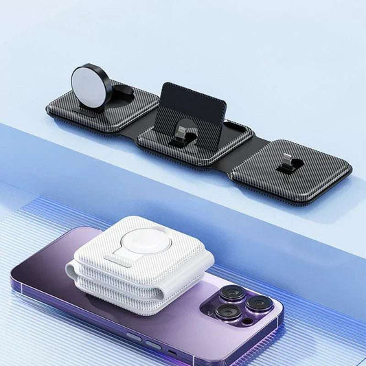 Three-in-one wireless charger in white and black colors with universal design