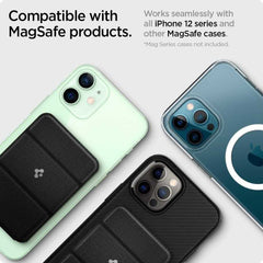 Black magnetic card holder attached to iPhone back with simple design mobile phone accessory