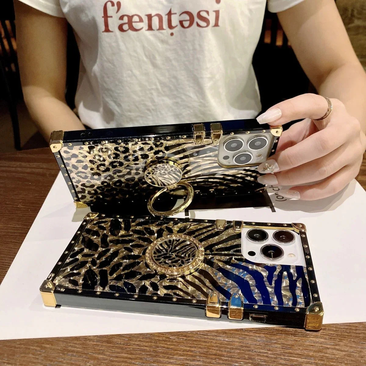 Square Fashion Leopard Print Classic Feather Phone Case - Show Gadgets