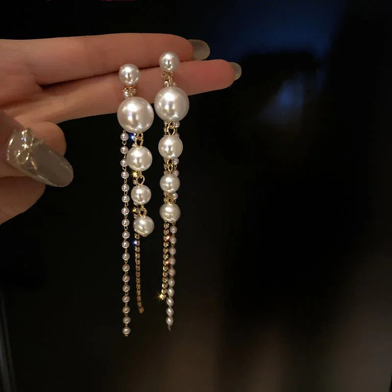 Temperament Pearl Tassel Long Earrings With 925 Silver Needle Fashion Luxury Personalized Earrings For Women - Show Gadgets