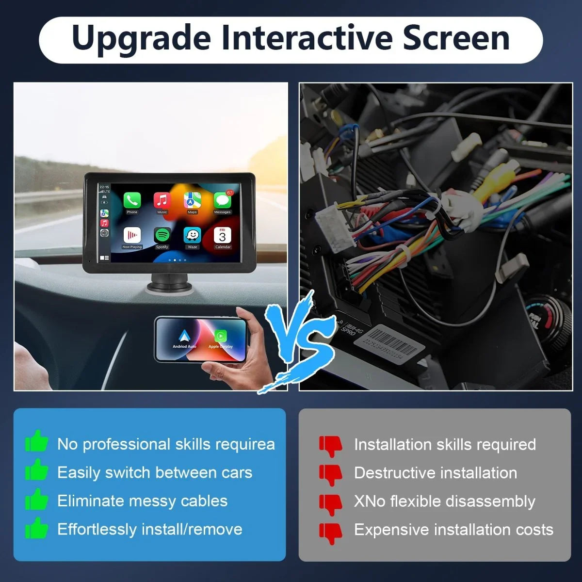 Portable Car Stereo Wireless CarPlay & Android Auto, Car Radio 7inches Touchscreen, Bluetooth5.0, Mirror Link, Maps Navigation, Voice Control, AUX Cable Vehicles - Show Gadgets