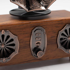 Retro Mini Double Gramophone Bluetooth speaker with wooden body and twin metal horns on tabletop