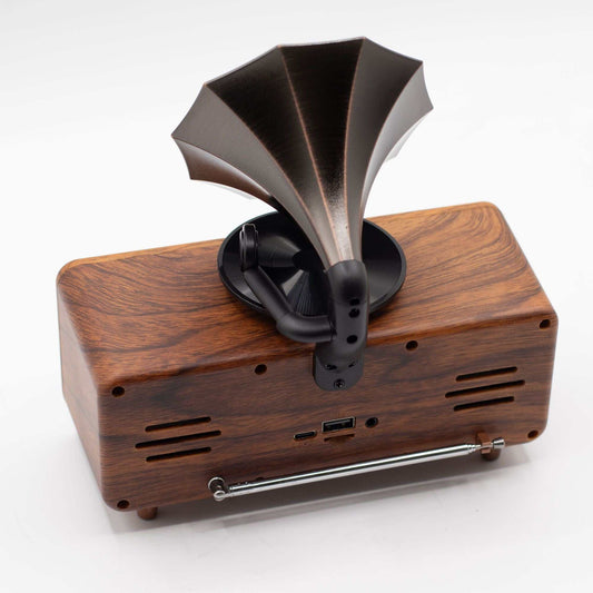 Retro Mini Double Gramophone Bluetooth speaker with twin horns and wood-effect body