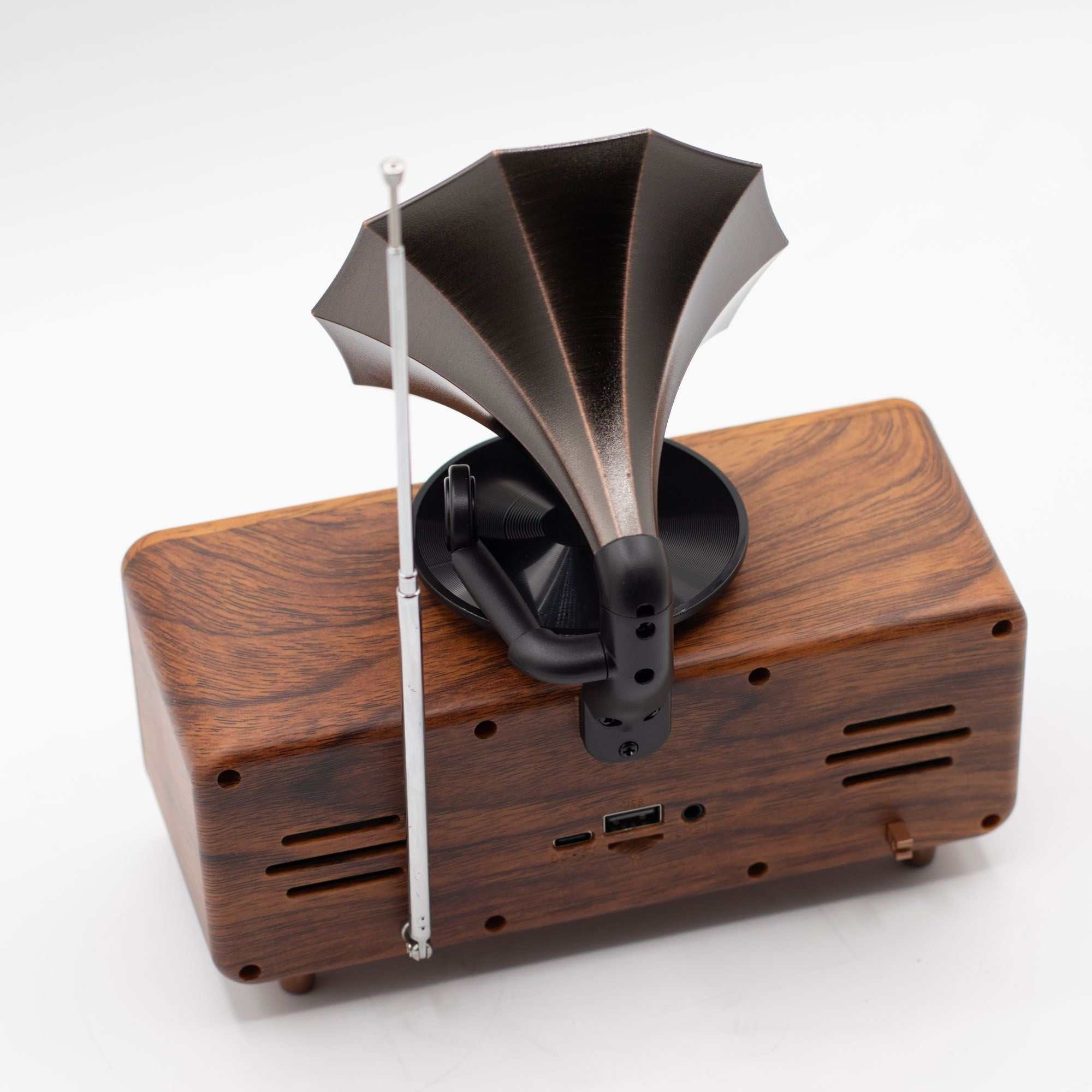 Retro Mini Double Gramophone Bluetooth speaker with twin horns and wood-effect body