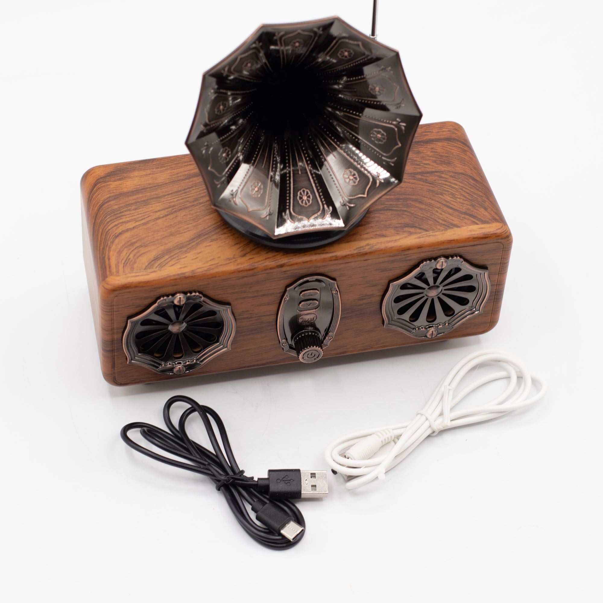Retro Mini Double Gramophone Bluetooth speaker with twin metal horns and wood-effect body