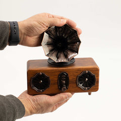 Retro Mini Double Gramophone Bluetooth speaker with twin metal horns and wood-effect body