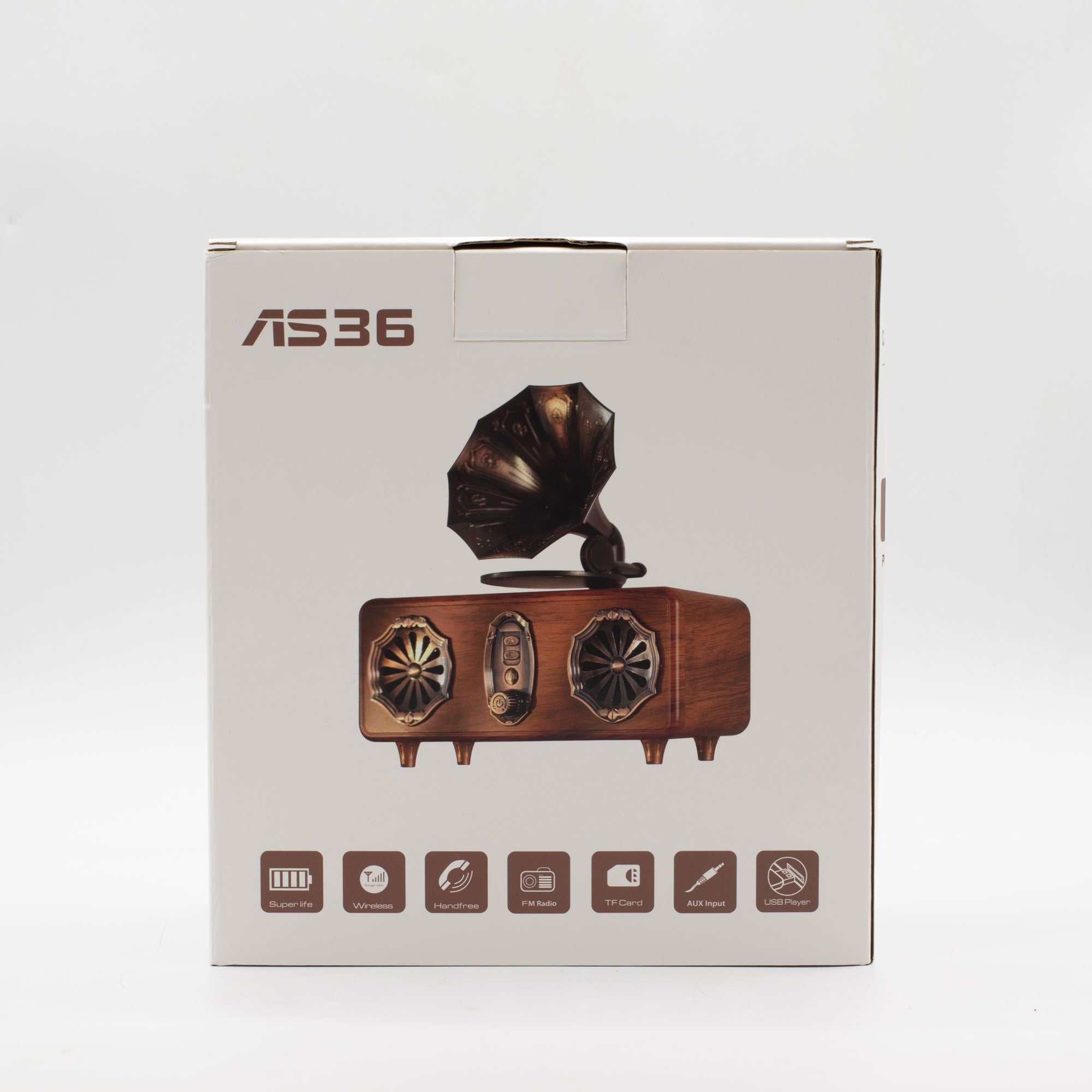 Retro Mini Double Gramophone Bluetooth speaker with twin horns and wood-effect body
