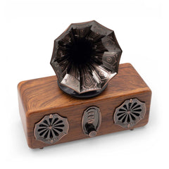 Retro Mini Double Gramophone Bluetooth speaker with twin metal horns and wood-effect body