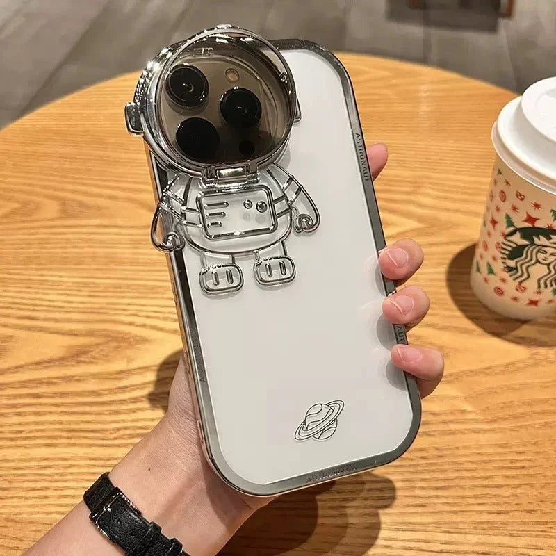 Glitter Astronaut Camera Stand Phone Case For I14 13 12 11 Pro Max XR 14 Plus Invisible Lens Bracket Plating Soft Cover - Show Gadgets