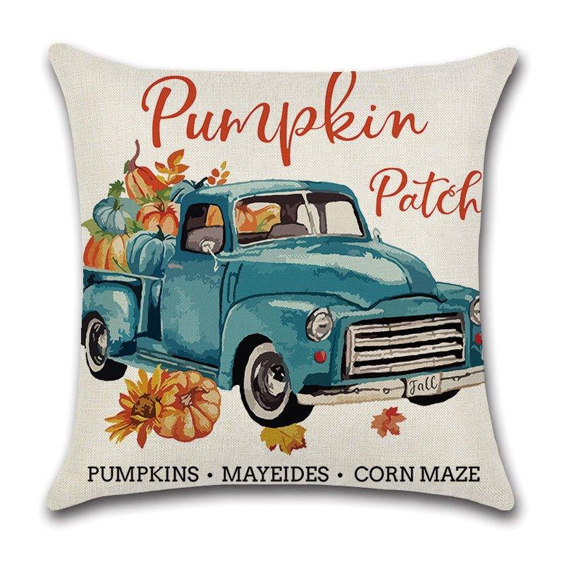 Thanksgiving Linen Pillowcase – Pumpkin Cartoon Car with Festive Wreath Design - Show Gadgets