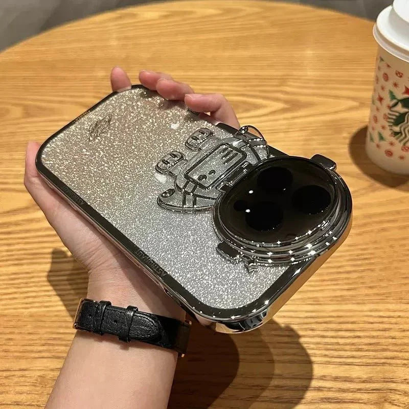 Glitter Astronaut Camera Stand Phone Case For I14 13 12 11 Pro Max XR 14 Plus Invisible Lens Bracket Plating Soft Cover - Show Gadgets