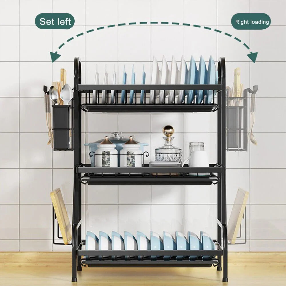 3 Tier Dish Drainer Rack With Drip Tray Cutlery Holder Plate Rack Kitchen Sink - Show Gadgets