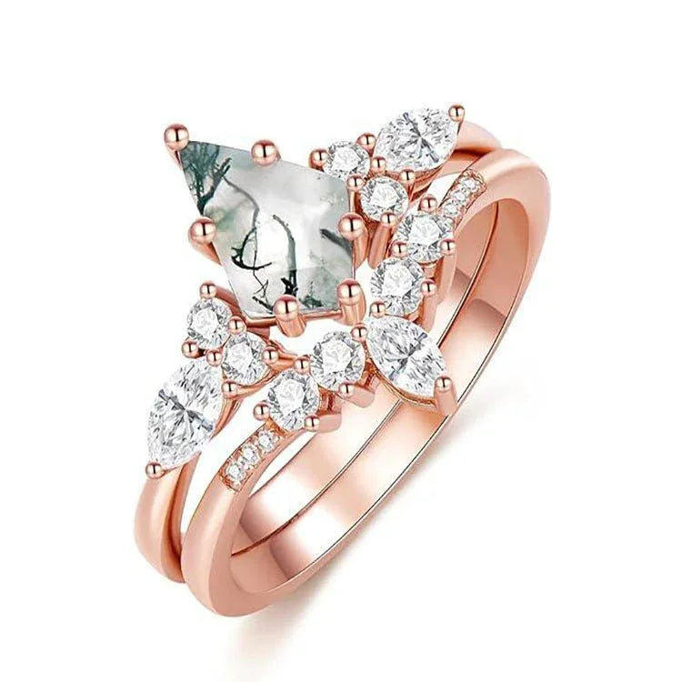2pcs Fashion Rings Natural Green Moss Stone Agate Ring For Women Personalized Jewelry - Show Gadgets