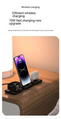 Three-in-one wireless charger in white and black with universal design for simultaneous device charging