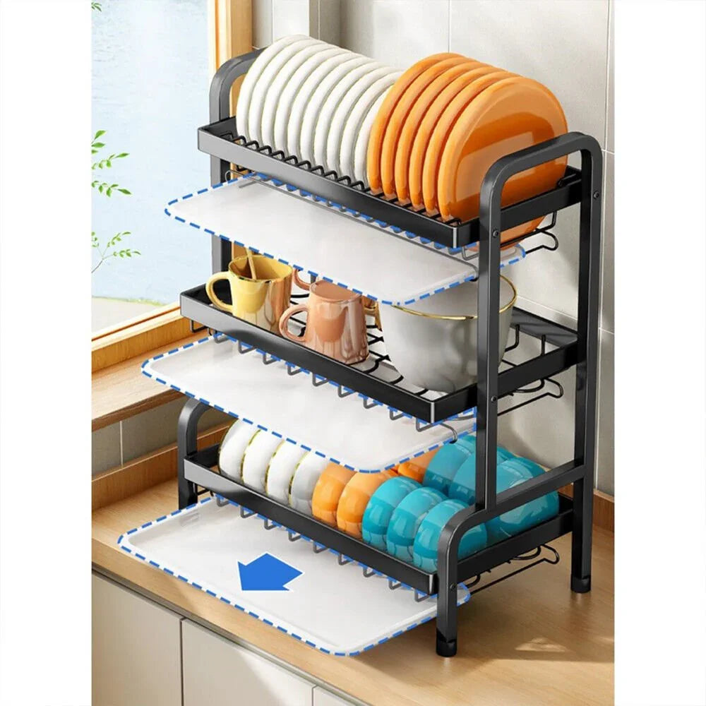 3 Tier Dish Drainer Rack With Drip Tray Cutlery Holder Plate Rack Kitchen Sink - Show Gadgets