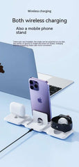 Three-in-one wireless charger in white and black showing versatile charging for multiple devices