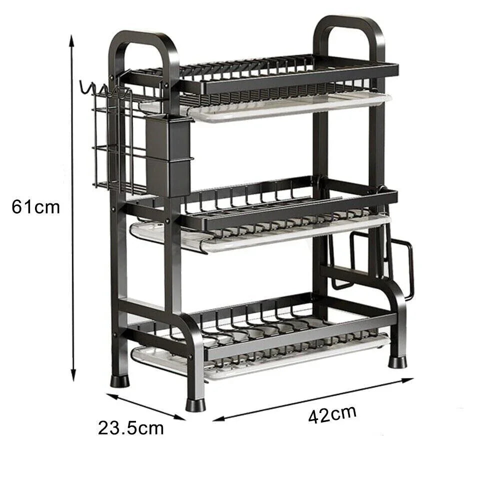 3 Tier Dish Drainer Rack With Drip Tray Cutlery Holder Plate Rack Kitchen Sink - Show Gadgets
