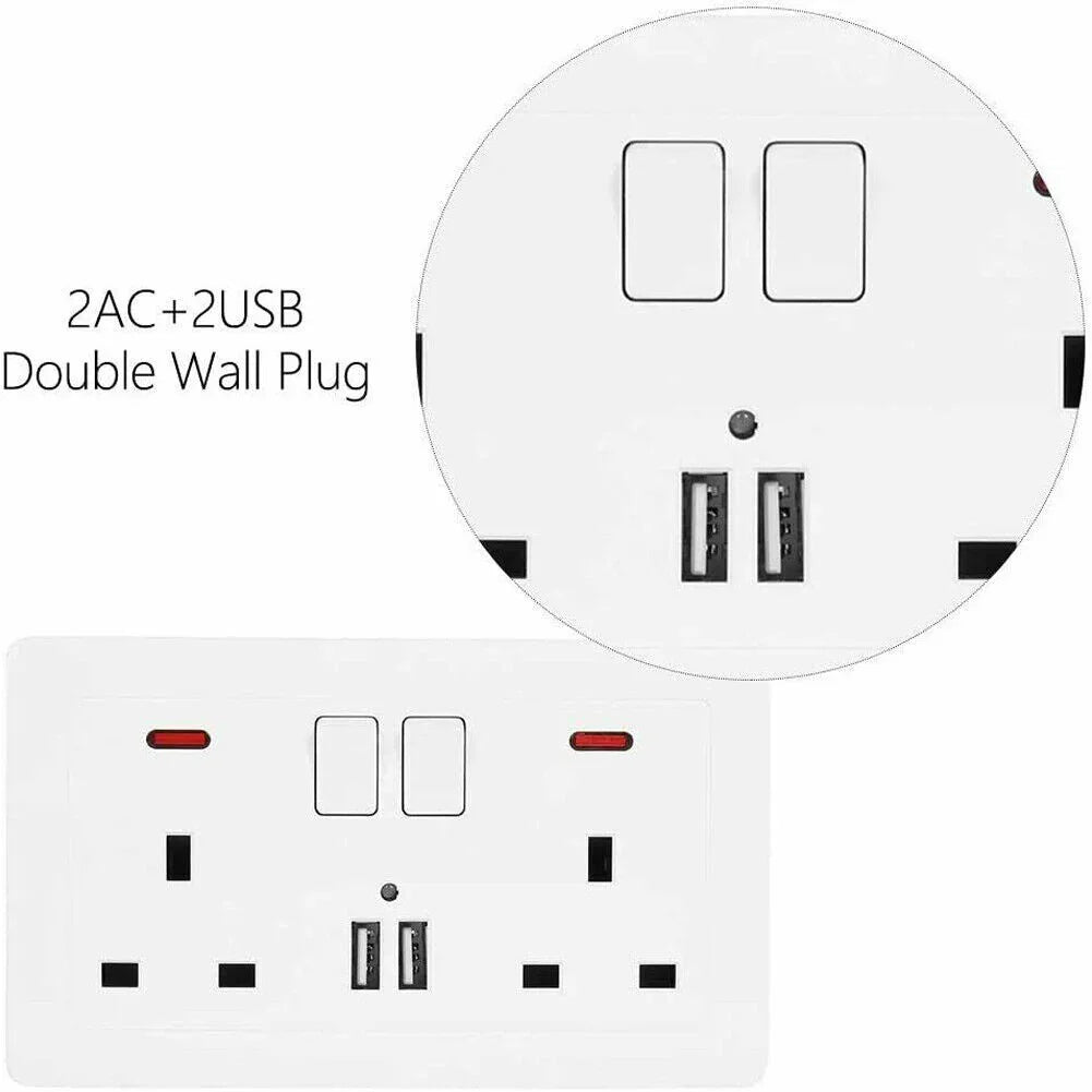 Double Wall Plug Socket 2 Gang 13A W 2 Charger USB Outlets Flat UK - Show Gadgets