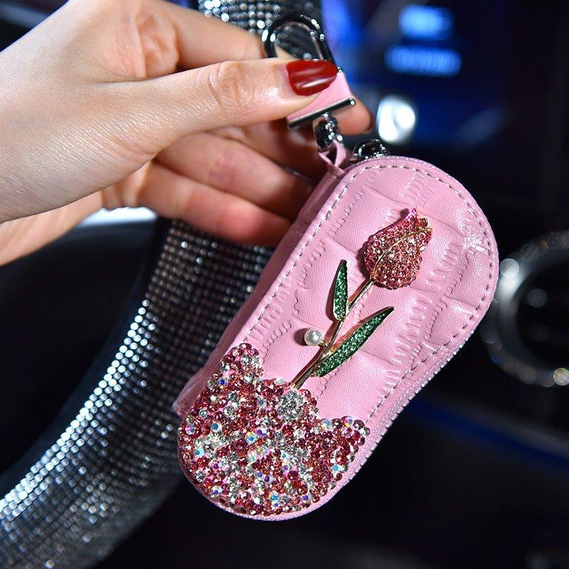 Car Key Case With Diamonds And Roses Cute Female Creative Personality Fashion Car Key Protection Cover - Show Gadgets
