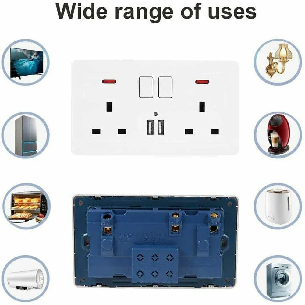 Double Wall Plug Socket 2 Gang 13A W 2 Charger USB Outlets Flat UK - Show Gadgets