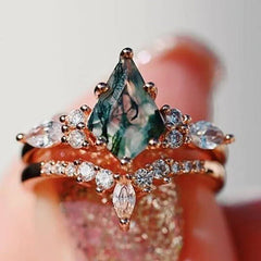 2pcs Fashion Rings Natural Green Moss Stone Agate Ring For Women Personalized Jewelry - Show Gadgets